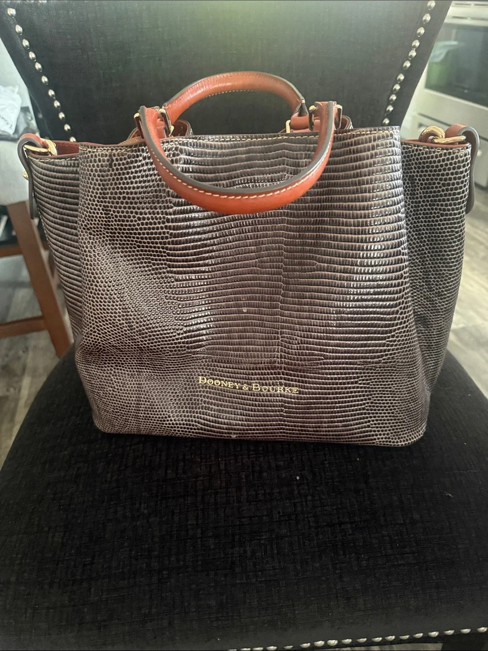 Dooney & Bourke Brown Lizard-Embossed Tote with Tan Handles